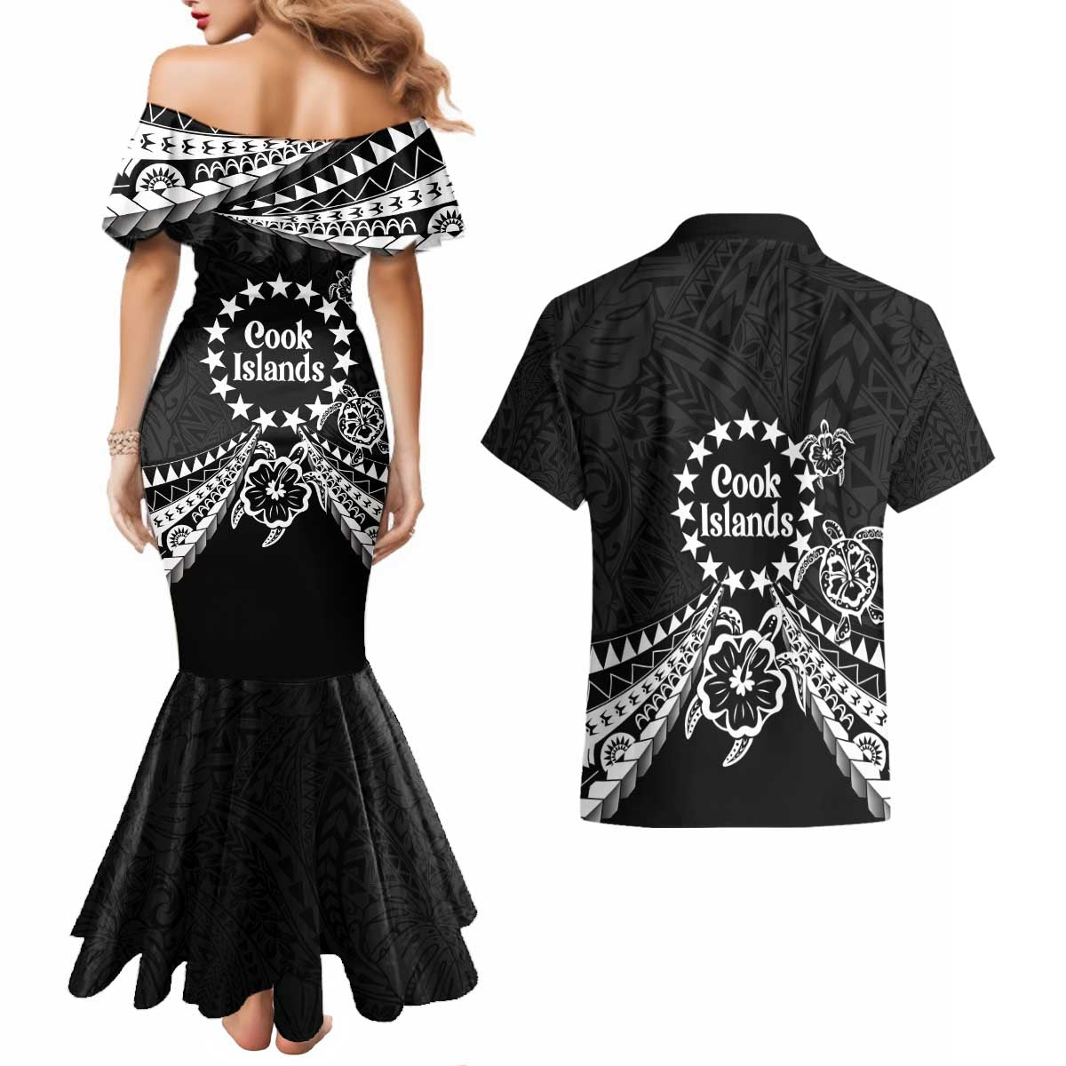 Kia Orana Cook Islands Couples Matching Mermaid Dress and Hawaiian Shirt 2025 Pasifika Polynesian Turtle Black Color