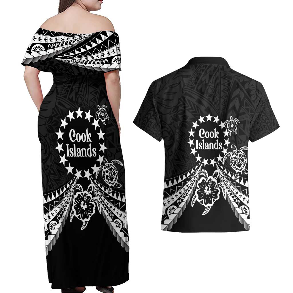 Kia Orana Cook Islands Couples Matching Off Shoulder Maxi Dress and Hawaiian Shirt 2025 Pasifika Polynesian Turtle Black Color LT14 - Polynesian Pride