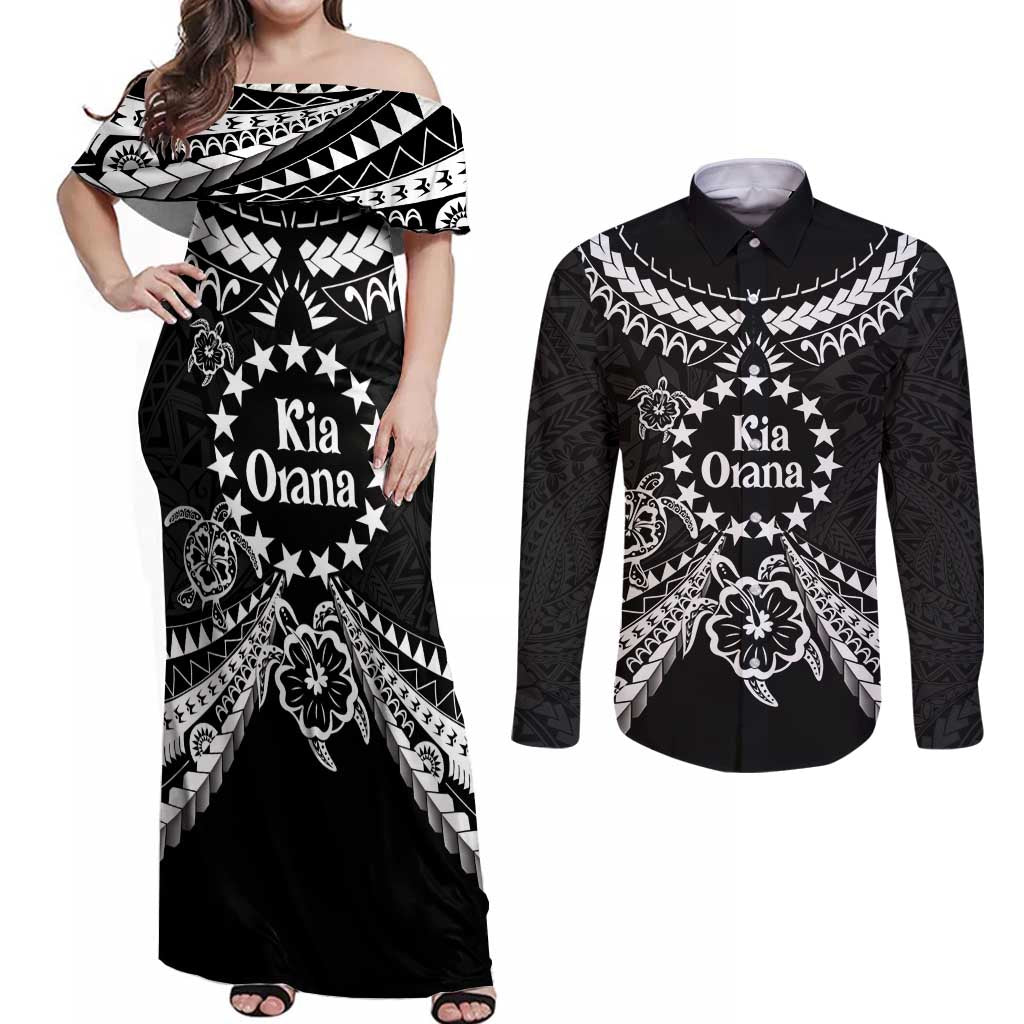 Kia Orana Cook Islands Couples Matching Off Shoulder Maxi Dress and Long Sleeve Button Shirt 2025 Pasifika Polynesian Turtle Black Color LT14 Black - Polynesian Pride