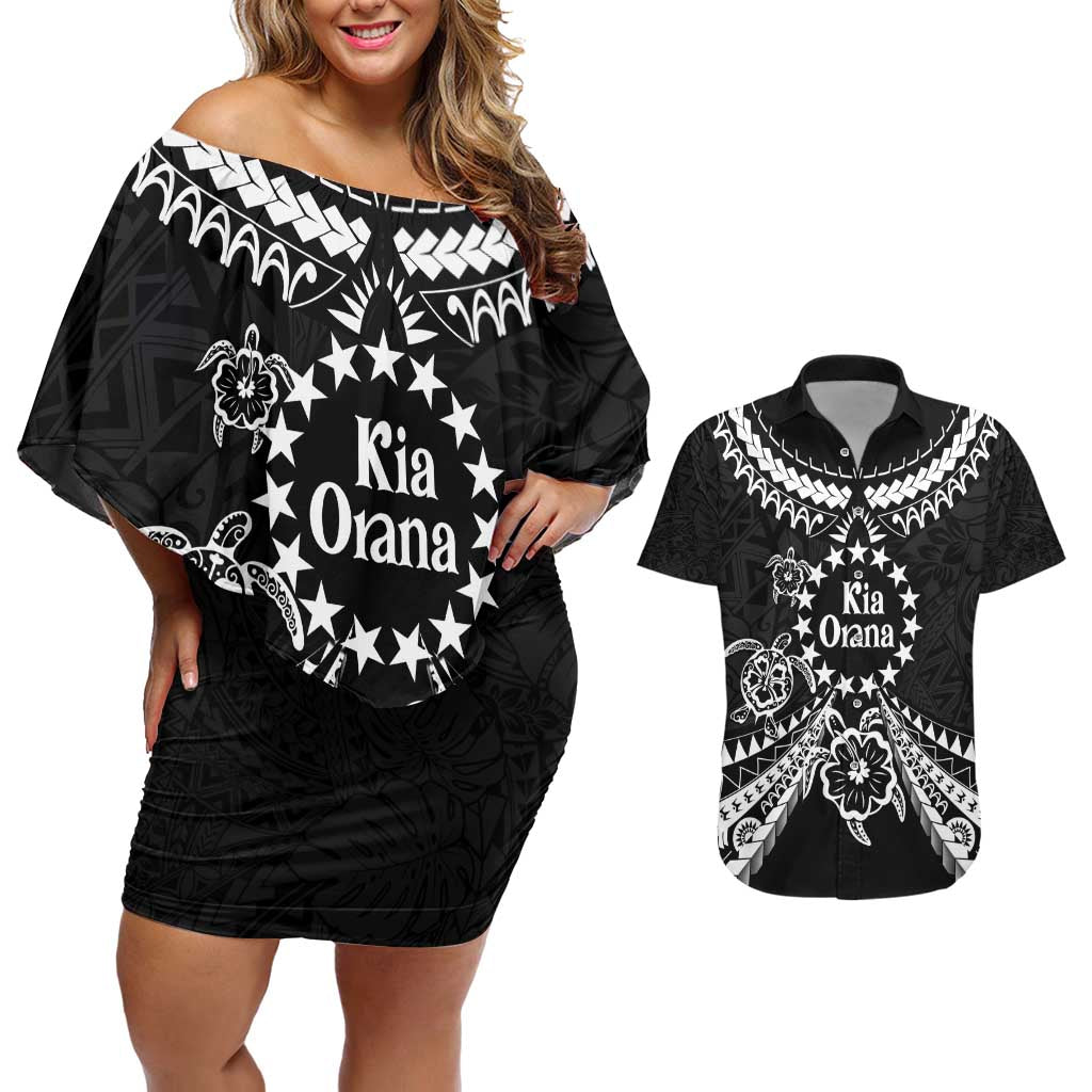 Kia Orana Cook Islands Couples Matching Off Shoulder Short Dress and Hawaiian Shirt 2025 Pasifika Polynesian Turtle Black Color LT14 Black - Polynesian Pride