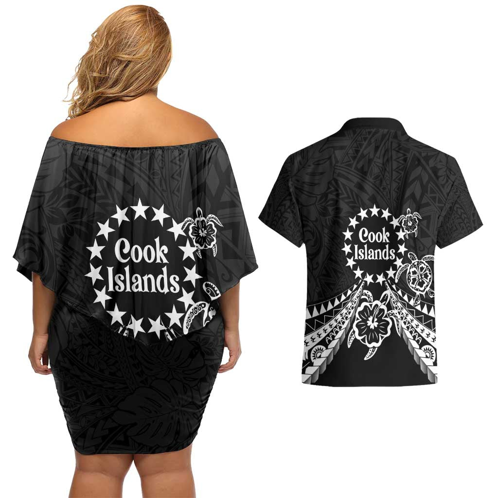 Kia Orana Cook Islands Couples Matching Off Shoulder Short Dress and Hawaiian Shirt 2025 Pasifika Polynesian Turtle Black Color LT14 - Polynesian Pride