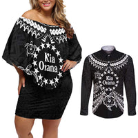 Kia Orana Cook Islands Couples Matching Off Shoulder Short Dress and Long Sleeve Button Shirt 2025 Pasifika Polynesian Turtle Black Color LT14 Black - Polynesian Pride