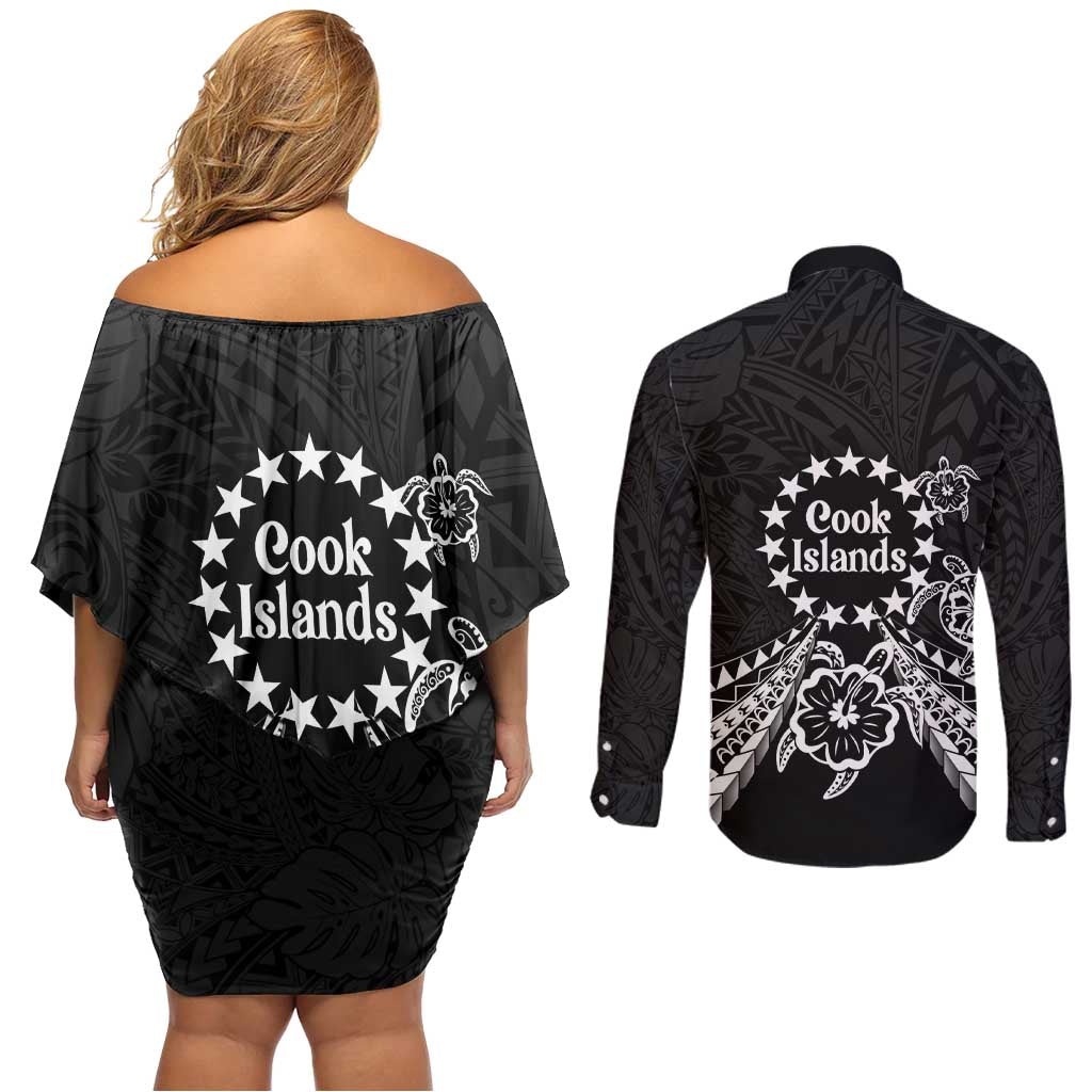 Kia Orana Cook Islands Couples Matching Off Shoulder Short Dress and Long Sleeve Button Shirt 2025 Pasifika Polynesian Turtle Black Color LT14 - Polynesian Pride