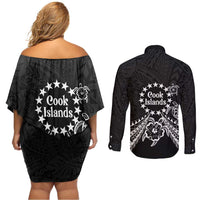 Kia Orana Cook Islands Couples Matching Off Shoulder Short Dress and Long Sleeve Button Shirt 2025 Pasifika Polynesian Turtle Black Color LT14 - Polynesian Pride