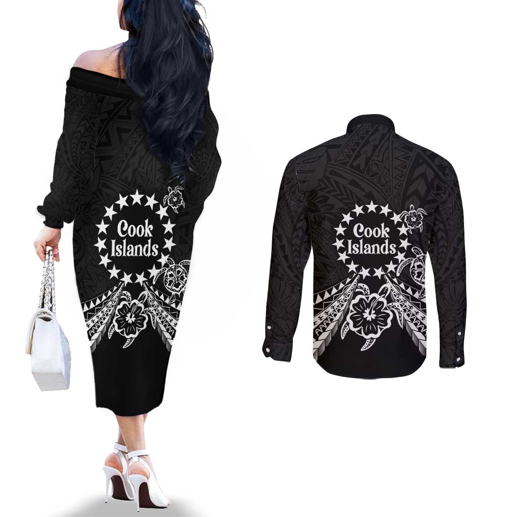 Kia Orana Cook Islands Couples Matching Off The Shoulder Long Sleeve Dress and Long Sleeve Button Shirt 2025 Pasifika Polynesian Turtle Black Color LT14 - Polynesian Pride