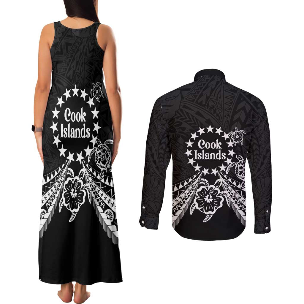 Kia Orana Cook Islands Couples Matching Tank Maxi Dress and Long Sleeve Button Shirt 2025 Pasifika Polynesian Turtle Black Color LT14 - Polynesian Pride