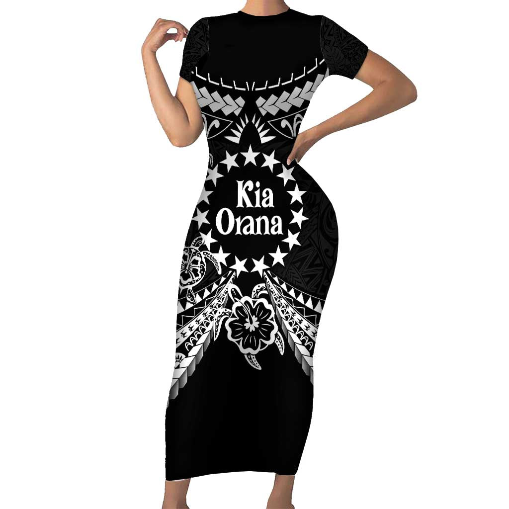 Kia Orana Cook Islands Short Sleeve Bodycon Dress 2025 Pasifika Polynesian Turtle Black Color
