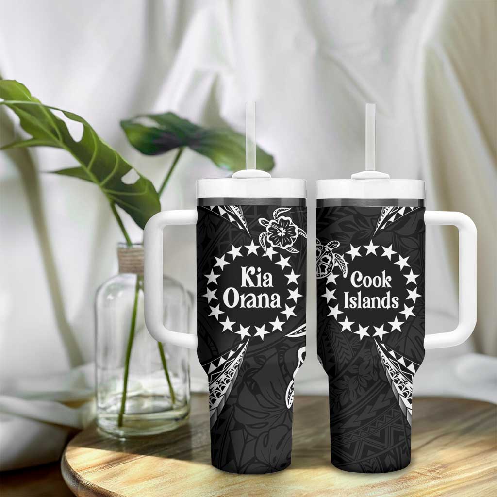 Kia Orana Cook Islands Tumbler With Handle 2025 Pasifika Polynesian Turtle Black Color