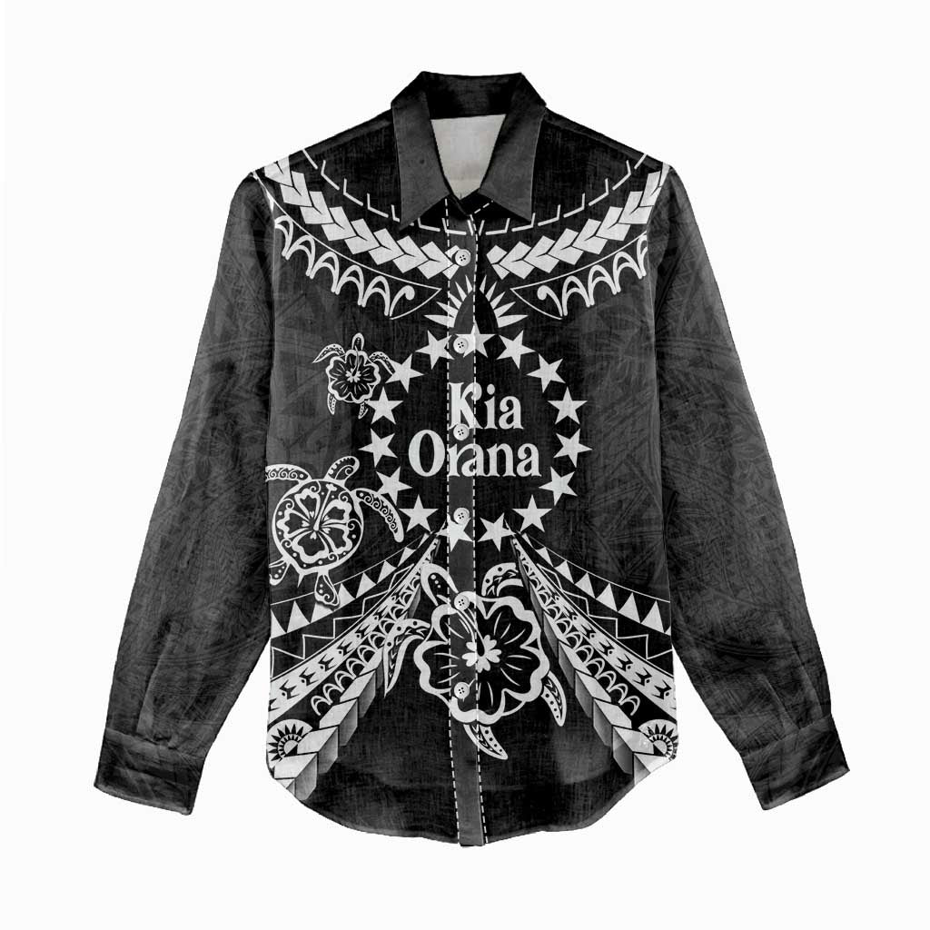 Kia Orana Cook Islands Women Casual Shirt 2025 Pasifika Polynesian Turtle Black Color LT14 - Polynesian Pride
