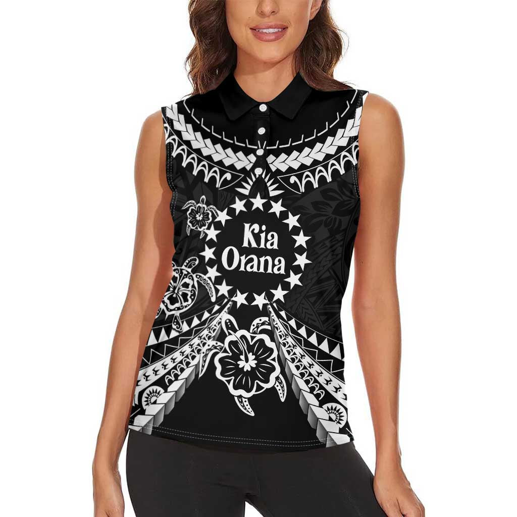 Kia Orana Cook Islands Women Sleeveless Polo Shirt 2025 Pasifika Polynesian Turtle Black Color LT14 - Polynesian Pride