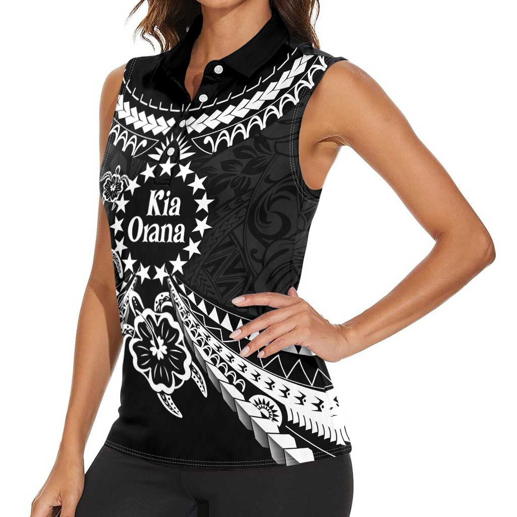 Kia Orana Cook Islands Women Sleeveless Polo Shirt 2025 Pasifika Polynesian Turtle Black Color LT14 - Polynesian Pride