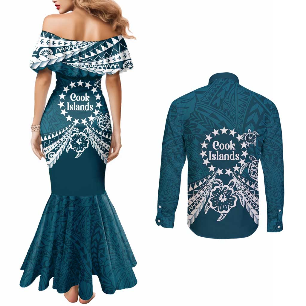 Kia Orana Cook Islands Couples Matching Mermaid Dress and Long Sleeve Button Shirt Polynesian Turtle Crowberry Blue Color LT14 - Polynesian Pride