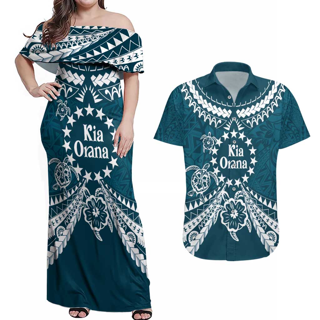 Kia Orana Cook Islands Couples Matching Off Shoulder Maxi Dress and Hawaiian Shirt Polynesian Turtle Crowberry Blue Color LT14 Crowberry Blue - Polynesian Pride