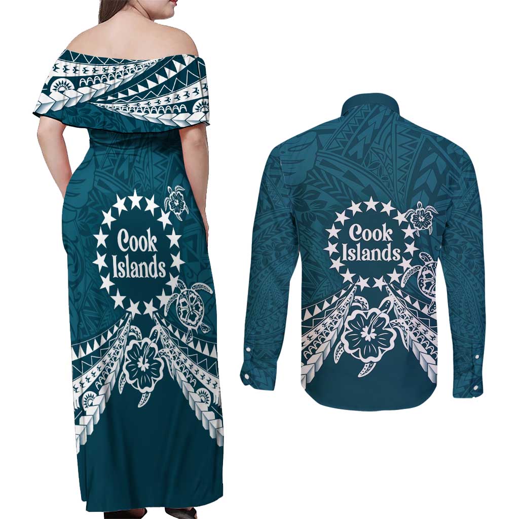 Kia Orana Cook Islands Couples Matching Off Shoulder Maxi Dress and Long Sleeve Button Shirt Polynesian Turtle Crowberry Blue Color LT14 - Polynesian Pride