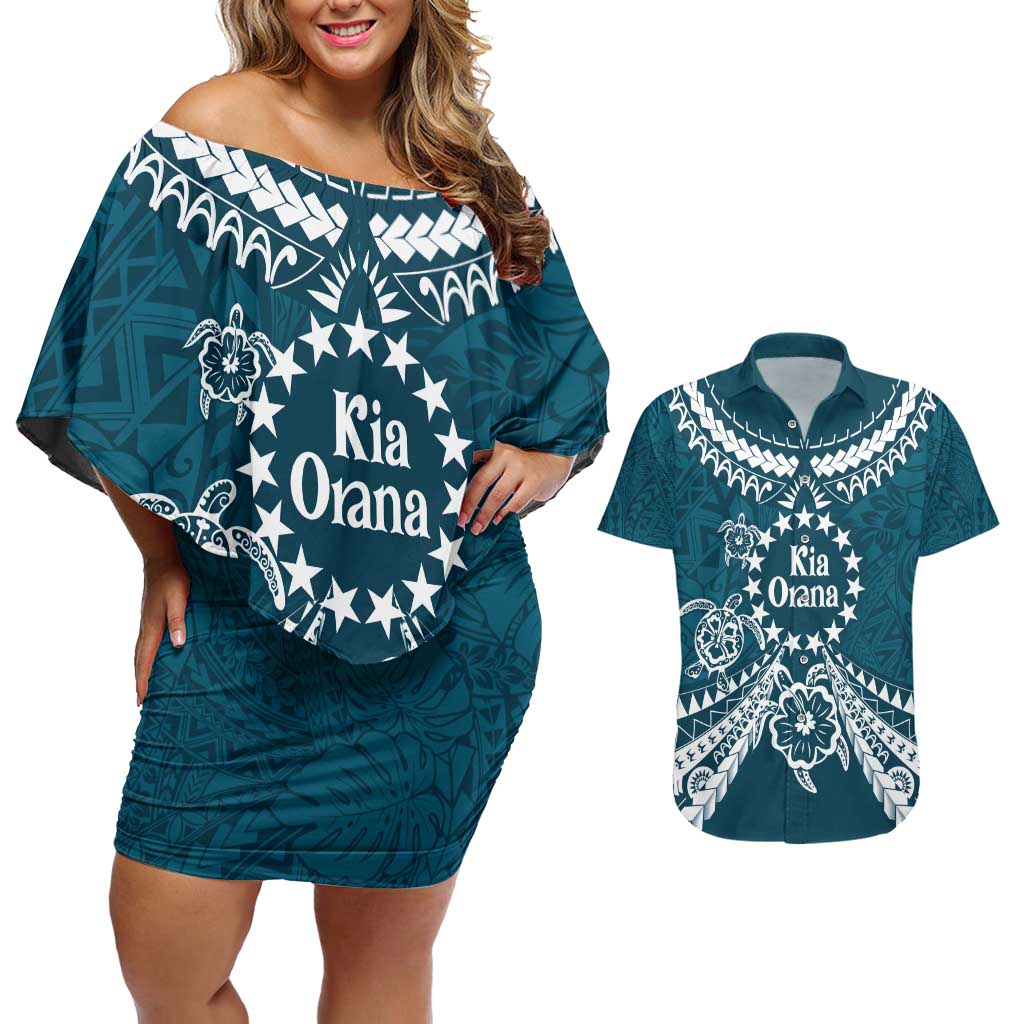 Kia Orana Cook Islands Couples Matching Off Shoulder Short Dress and Hawaiian Shirt Polynesian Turtle Crowberry Blue Color LT14 Crowberry Blue - Polynesian Pride