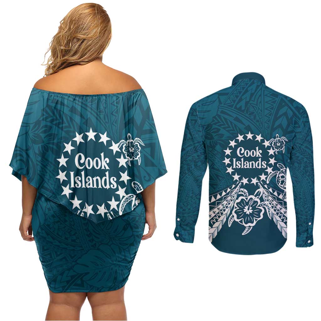Kia Orana Cook Islands Couples Matching Off Shoulder Short Dress and Long Sleeve Button Shirt Polynesian Turtle Crowberry Blue Color LT14 - Polynesian Pride