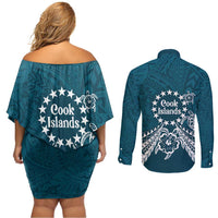 Kia Orana Cook Islands Couples Matching Off Shoulder Short Dress and Long Sleeve Button Shirt Polynesian Turtle Crowberry Blue Color LT14 - Polynesian Pride