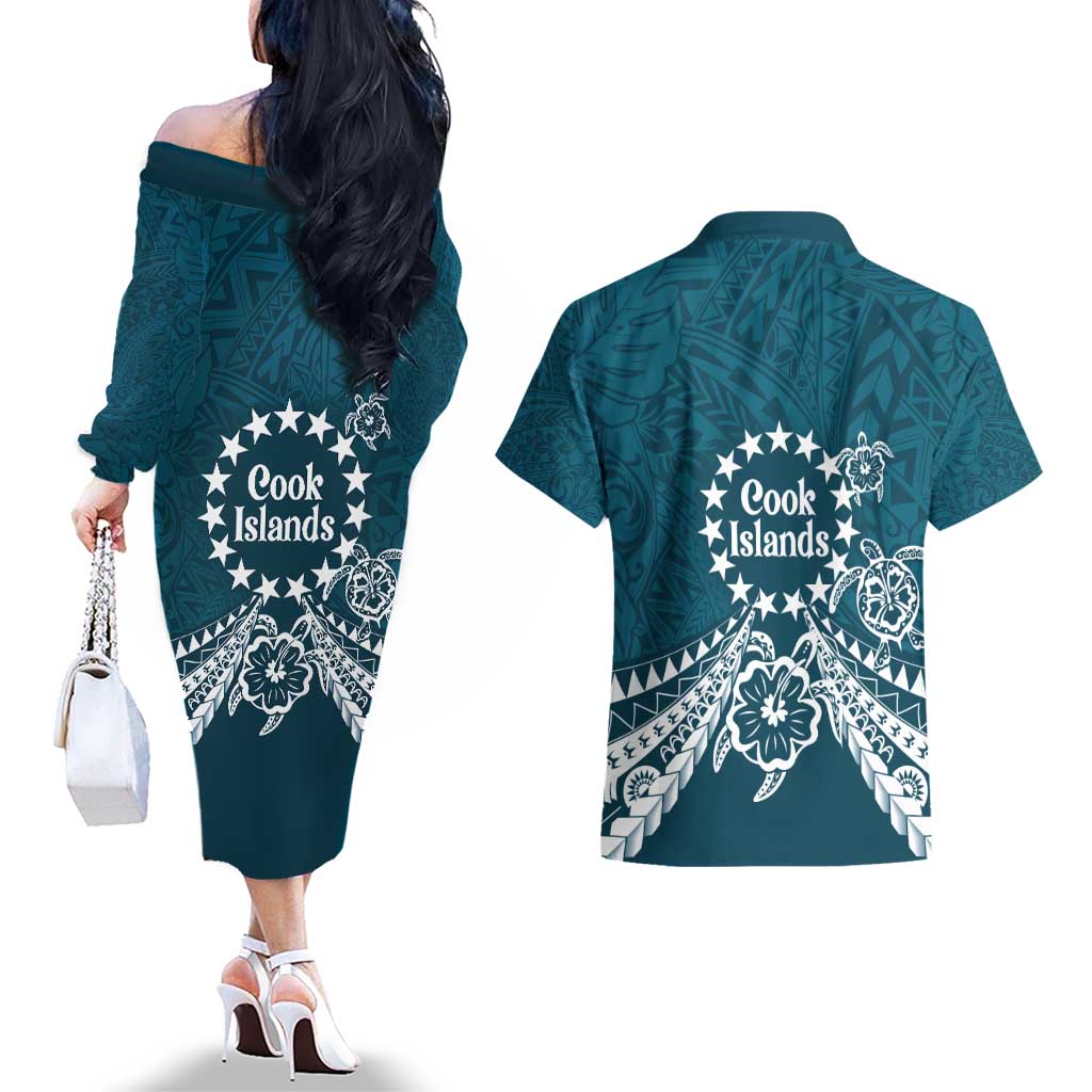 Kia Orana Cook Islands Couples Matching Off The Shoulder Long Sleeve Dress and Hawaiian Shirt Polynesian Turtle Crowberry Blue Color