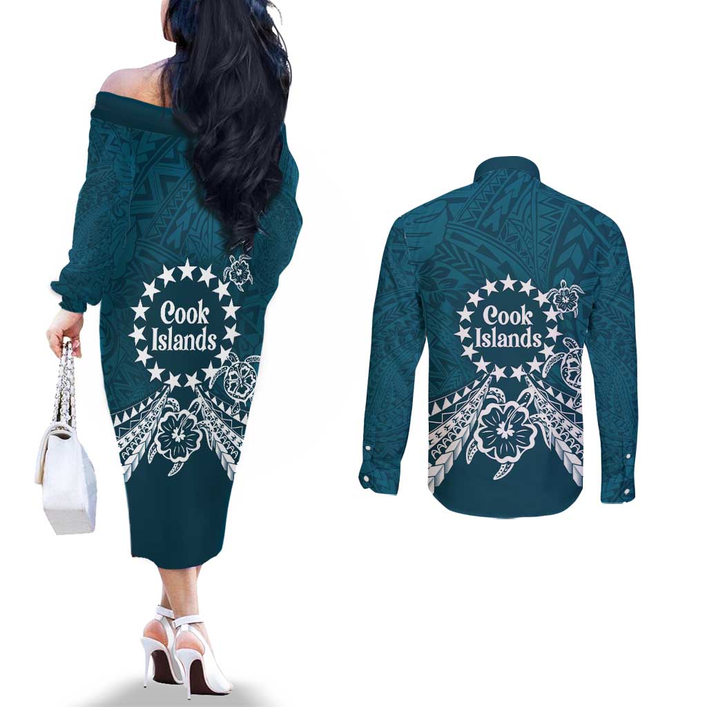 Kia Orana Cook Islands Couples Matching Off The Shoulder Long Sleeve Dress and Long Sleeve Button Shirt Polynesian Turtle Crowberry Blue Color LT14 - Polynesian Pride