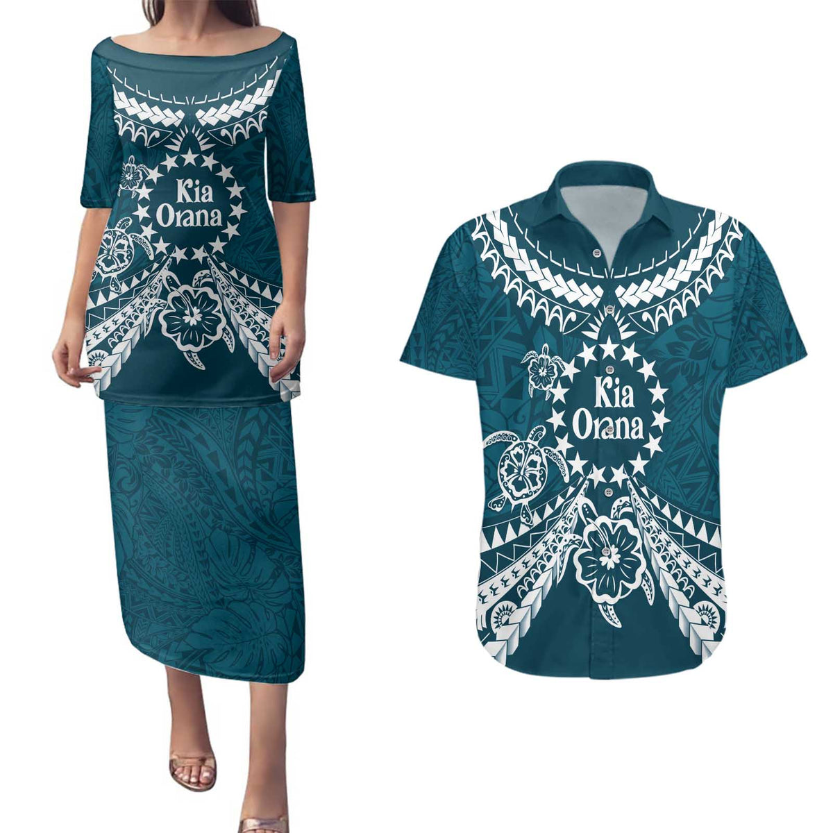 Kia Orana Cook Islands Couples Matching Puletasi and Hawaiian Shirt Polynesian Turtle Crowberry Blue Color LT14 Crowberry Blue - Polynesian Pride