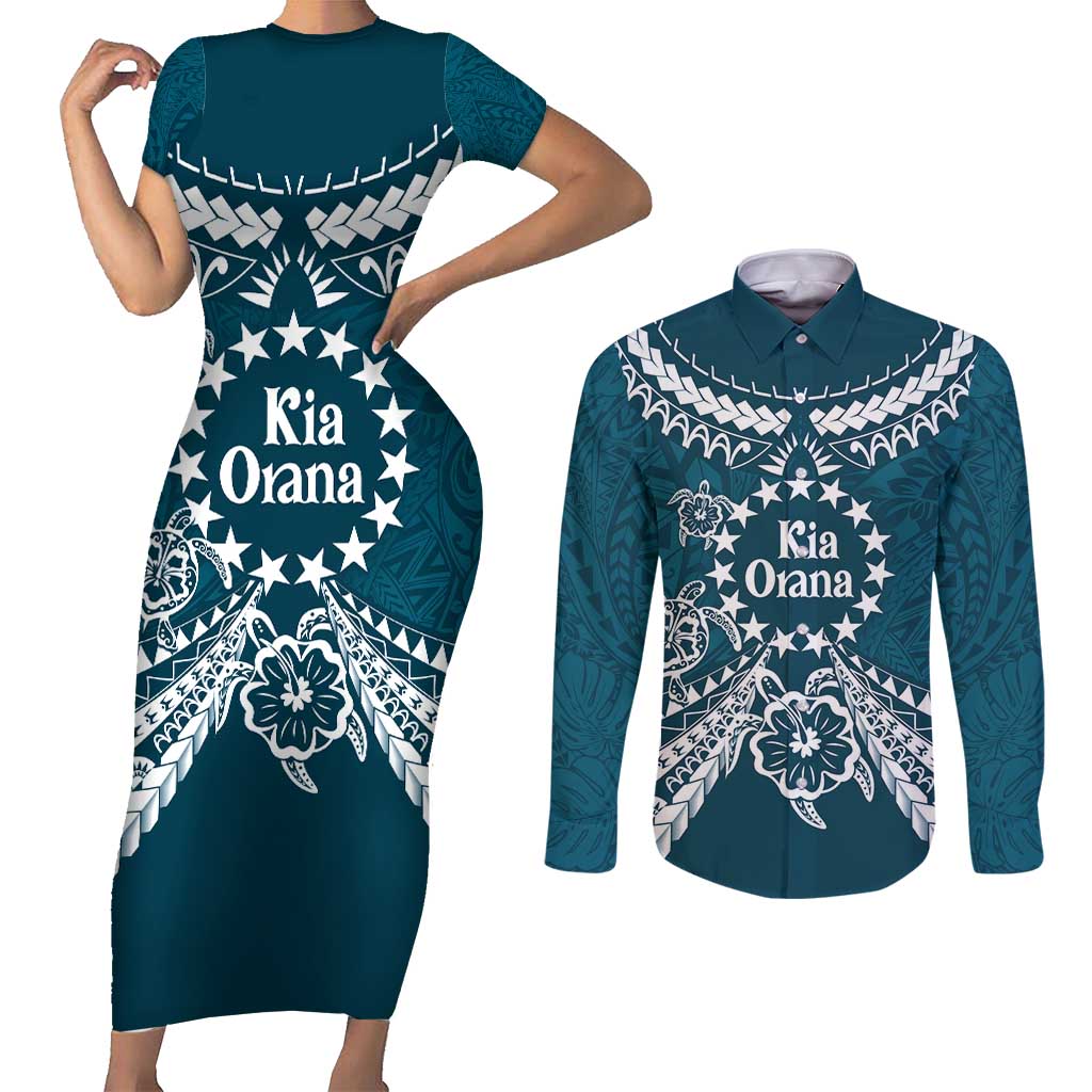 Kia Orana Cook Islands Couples Matching Short Sleeve Bodycon Dress and Long Sleeve Button Shirt Polynesian Turtle Crowberry Blue Color LT14 Crowberry Blue - Polynesian Pride