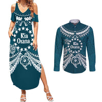 Kia Orana Cook Islands Couples Matching Summer Maxi Dress and Long Sleeve Button Shirt Polynesian Turtle Crowberry Blue Color LT14 Crowberry Blue - Polynesian Pride