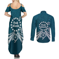Kia Orana Cook Islands Couples Matching Summer Maxi Dress and Long Sleeve Button Shirt Polynesian Turtle Crowberry Blue Color LT14 - Polynesian Pride