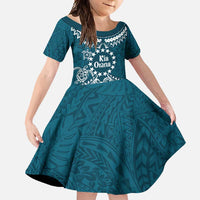 Kia Orana Cook Islands Family Matching Long Sleeve Bodycon Dress and Hawaiian Shirt Polynesian Turtle Crowberry Blue Color LT14 Daughter's Dress Crowberry Blue - Polynesian Pride