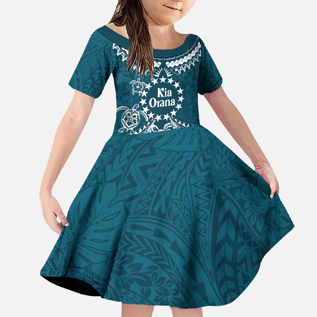 Kia Orana Cook Islands Family Matching Mermaid Dress and Hawaiian Shirt Polynesian Turtle Crowberry Blue Color LT14 Daughter's Dress Crowberry Blue - Polynesian Pride