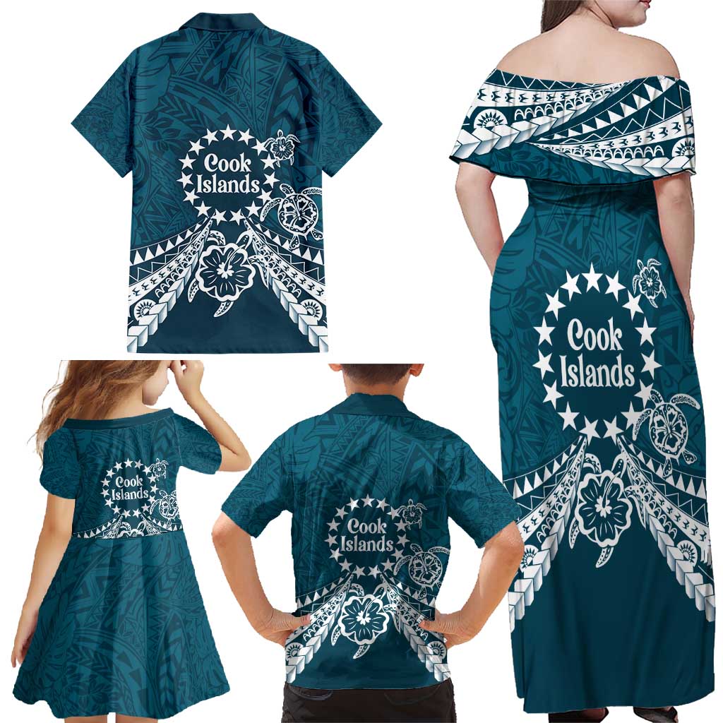 Kia Orana Cook Islands Family Matching Off Shoulder Maxi Dress and Hawaiian Shirt Polynesian Turtle Crowberry Blue Color LT14 - Polynesian Pride