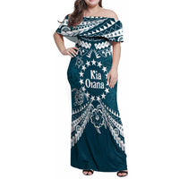 Kia Orana Cook Islands Family Matching Off Shoulder Maxi Dress and Hawaiian Shirt Polynesian Turtle Crowberry Blue Color LT14 Mom's Dress Crowberry Blue - Polynesian Pride