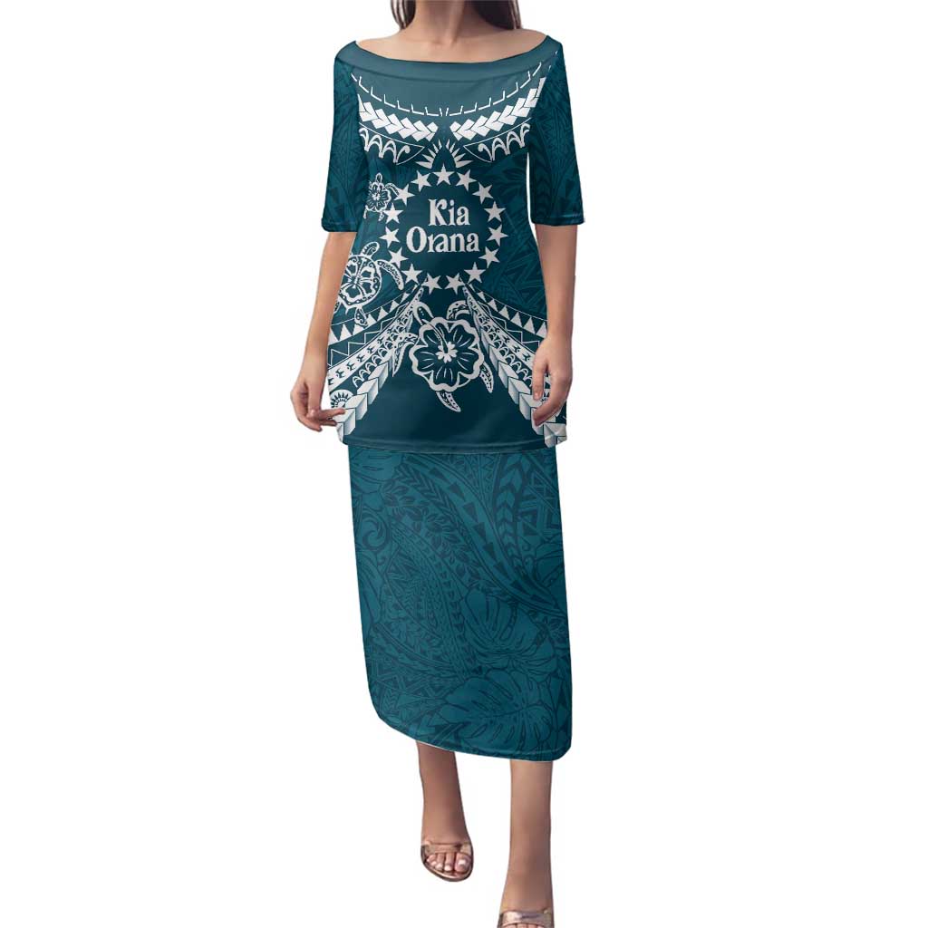 Kia Orana Cook Islands Family Matching Puletasi and Hawaiian Shirt Polynesian Turtle Crowberry Blue Color
