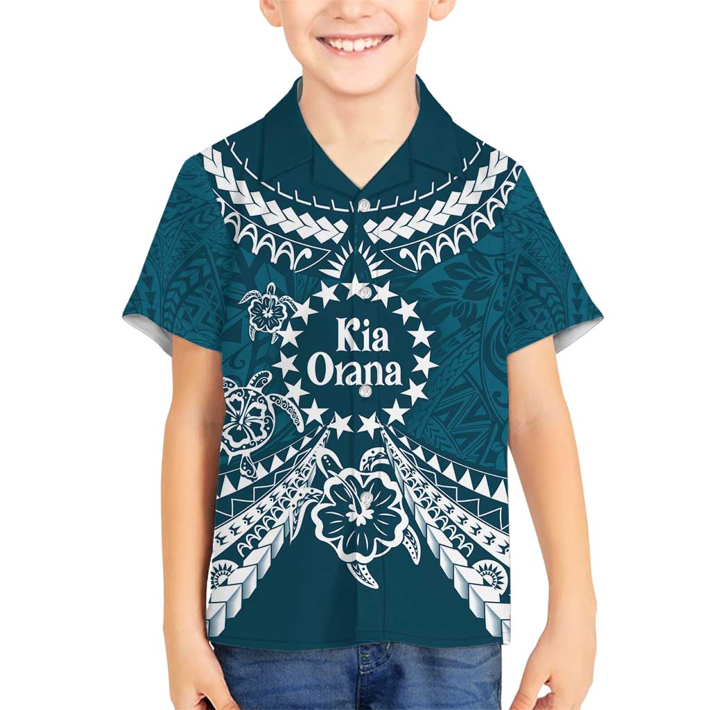 Kia Orana Cook Islands Family Matching Puletasi and Hawaiian Shirt Polynesian Turtle Crowberry Blue Color