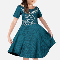 Kia Orana Cook Islands Kid Short Sleeve Dress Polynesian Turtle Crowberry Blue Color