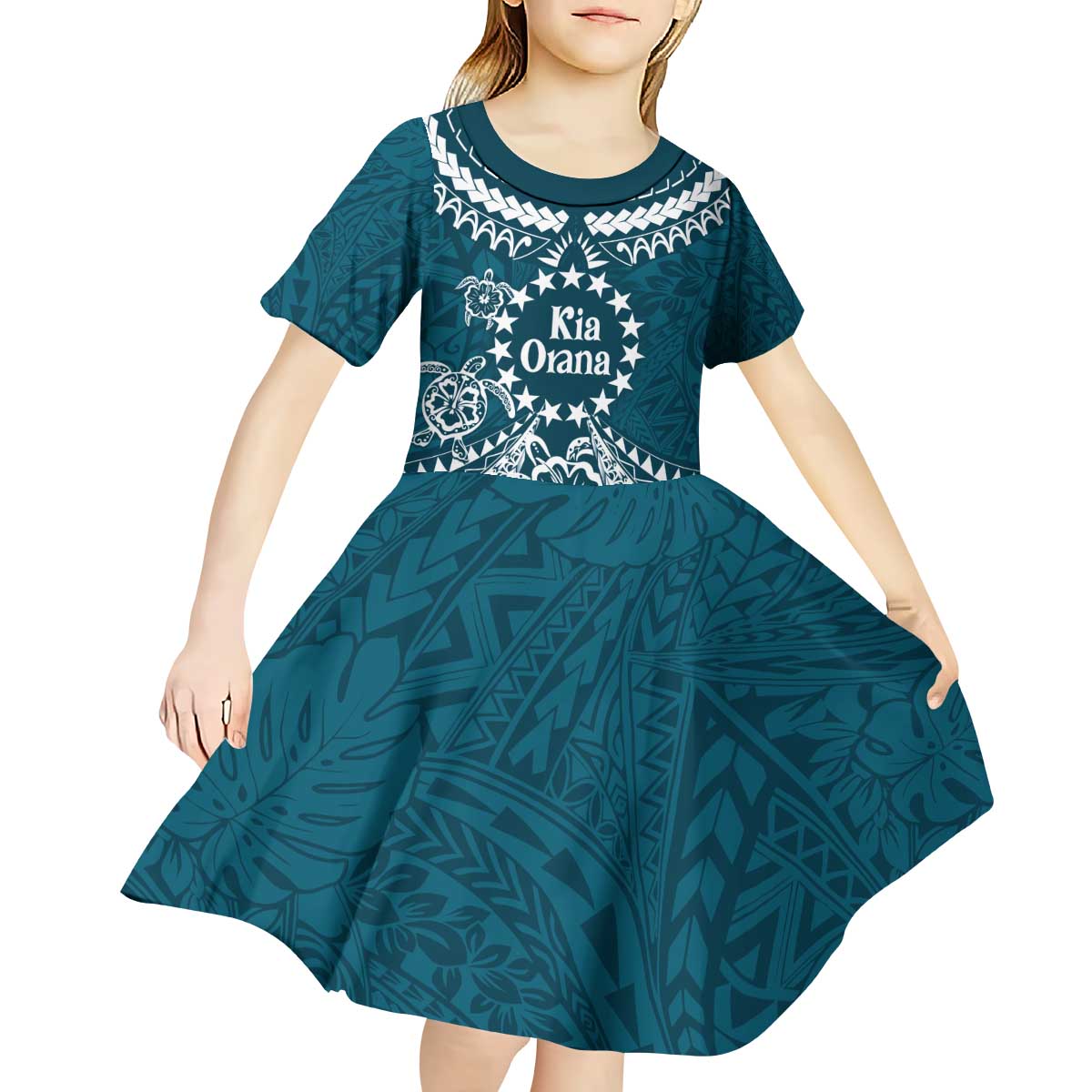 Kia Orana Cook Islands Kid Short Sleeve Dress Polynesian Turtle Crowberry Blue Color