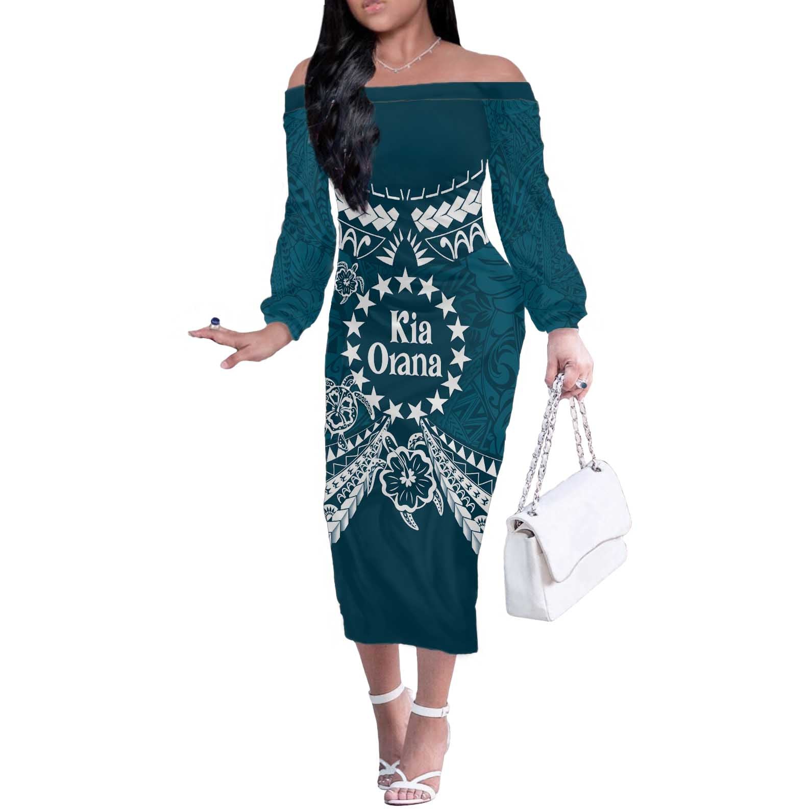 Kia Orana Cook Islands Off The Shoulder Long Sleeve Dress Polynesian Turtle Crowberry Blue Color