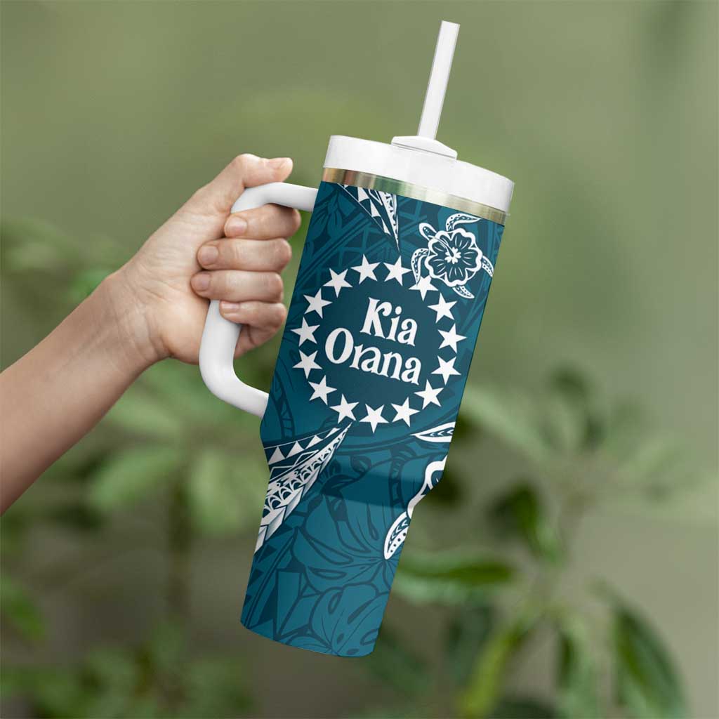 Kia Orana Cook Islands Tumbler With Handle Polynesian Turtle Crowberry Blue Color