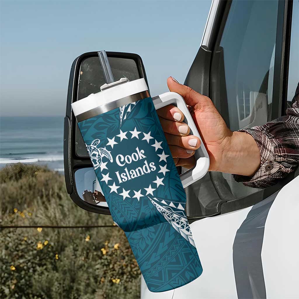 Kia Orana Cook Islands Tumbler With Handle Polynesian Turtle Crowberry Blue Color