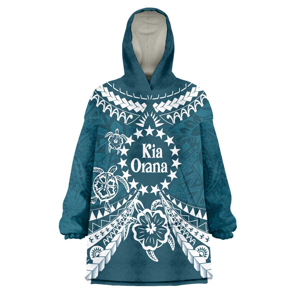 Kia Orana Cook Islands Wearable Blanket Hoodie Polynesian Turtle Crowberry Blue Color