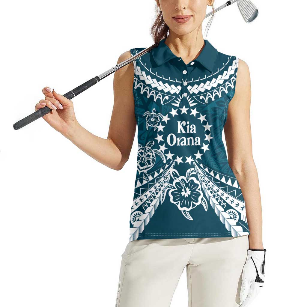 Kia Orana Cook Islands Women Sleeveless Polo Shirt Polynesian Turtle Crowberry Blue Color LT14 - Polynesian Pride