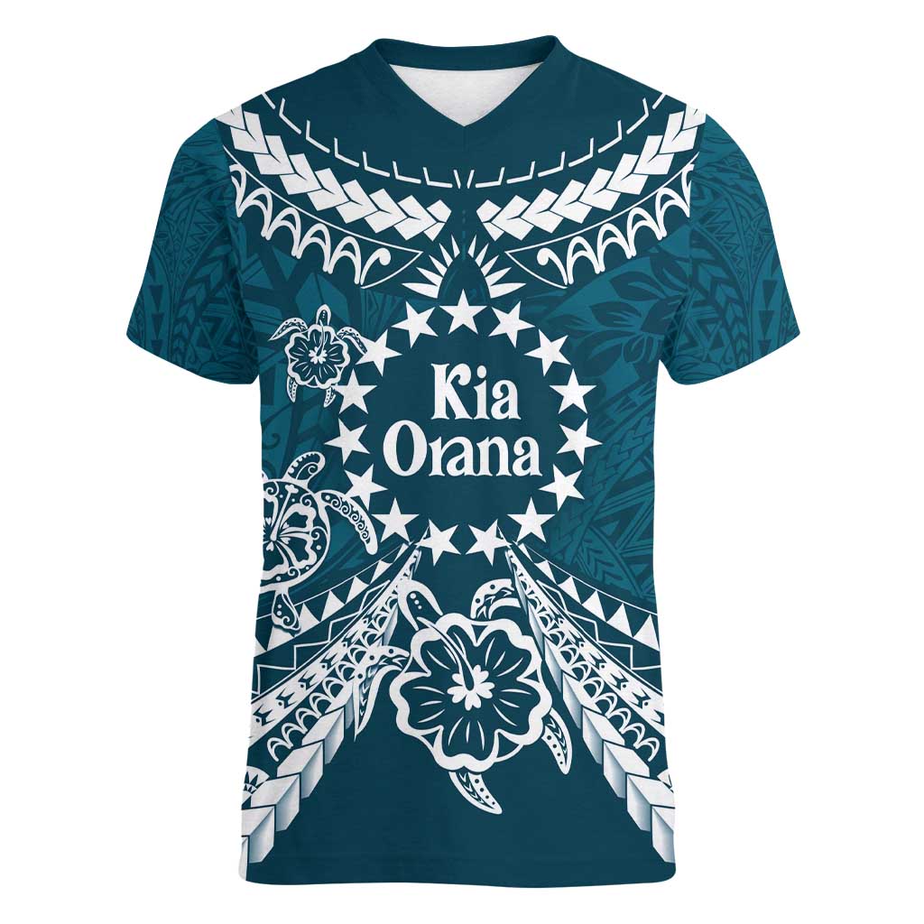 Kia Orana Cook Islands Women V-Neck T-Shirt Polynesian Turtle Crowberry Blue Color LT14 Female Crowberry Blue - Polynesian Pride