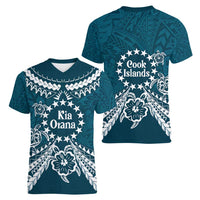 Kia Orana Cook Islands Women V-Neck T-Shirt Polynesian Turtle Crowberry Blue Color LT14 - Polynesian Pride