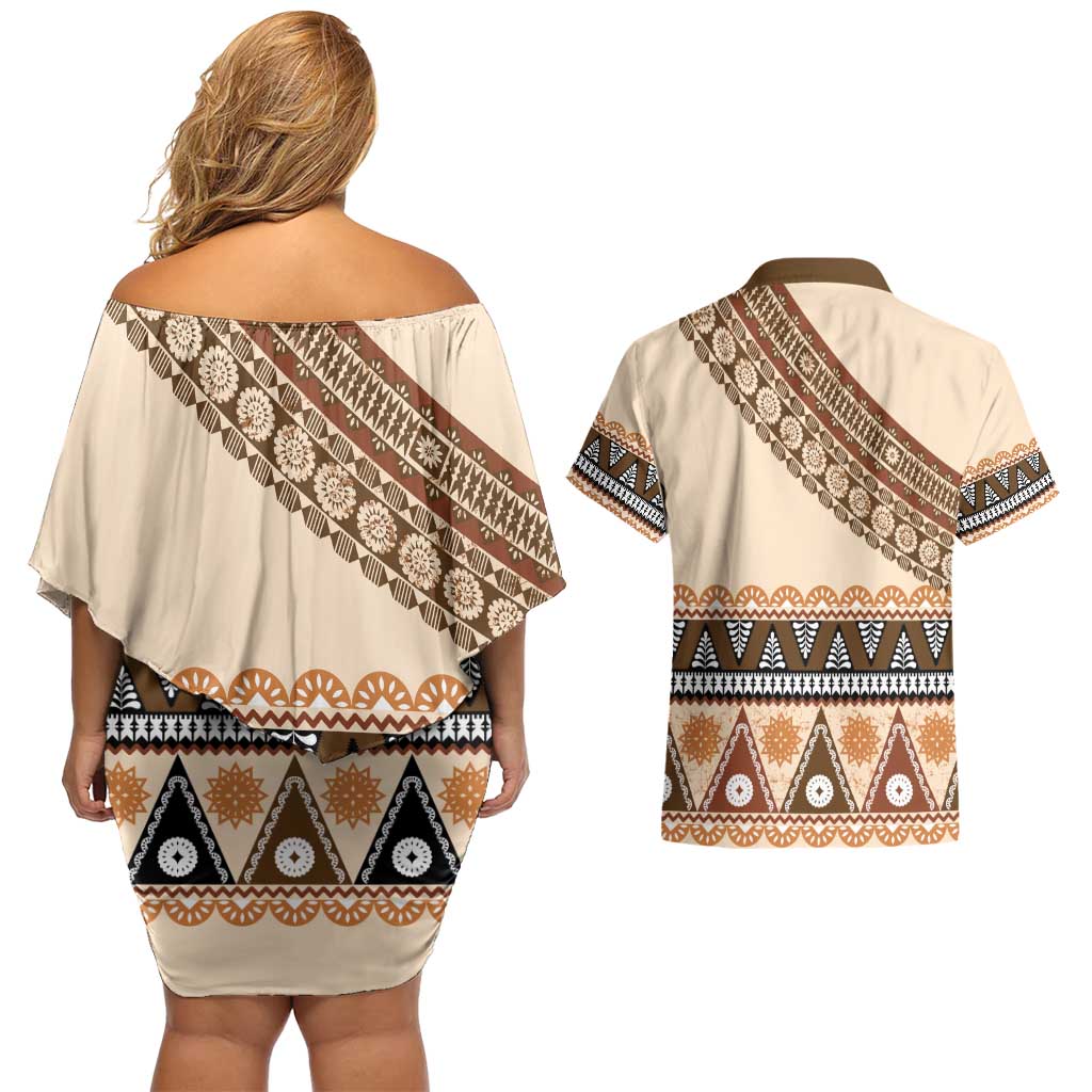 Bula Fiji Couples Matching Off Shoulder Short Dress and Hawaiian Shirt 2025 Pasifika Traditional Fijian Masi