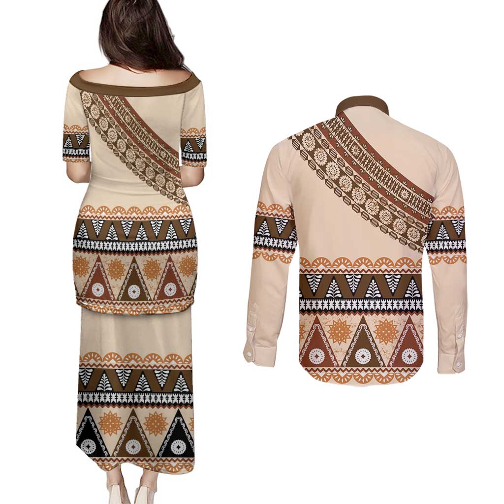 Bula Fiji Couples Matching Puletasi and Long Sleeve Button Shirt 2025 Pasifika Traditional Fijian Masi LT14 - Polynesian Pride