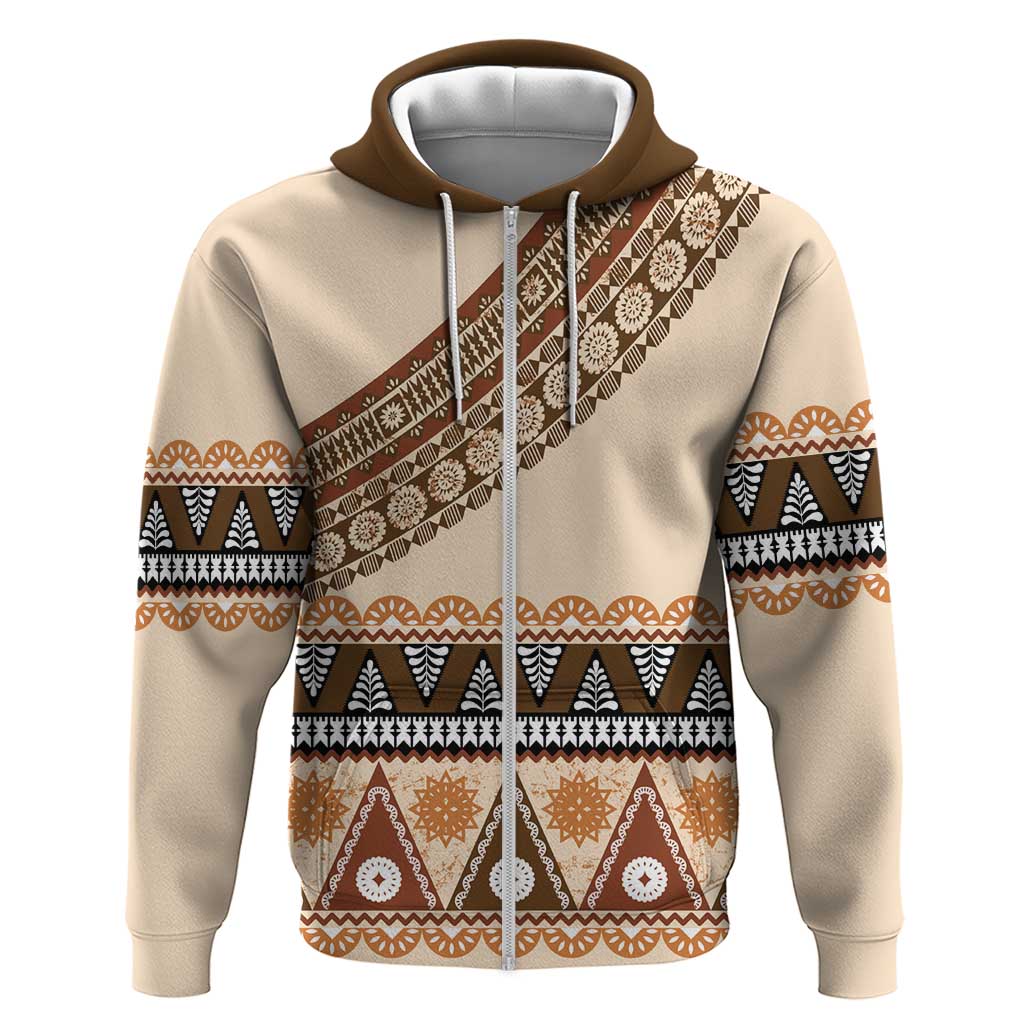 Bula Fiji Zip Hoodie 2025 Pasifika Traditional Fijian Masi LT14 Zip Hoodie Beige - Polynesian Pride