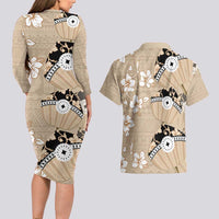 Bula Fiji Iri Buli Couples Matching Long Sleeve Bodycon Dress and Hawaiian Shirt Woven Fan With Fijian Tapa