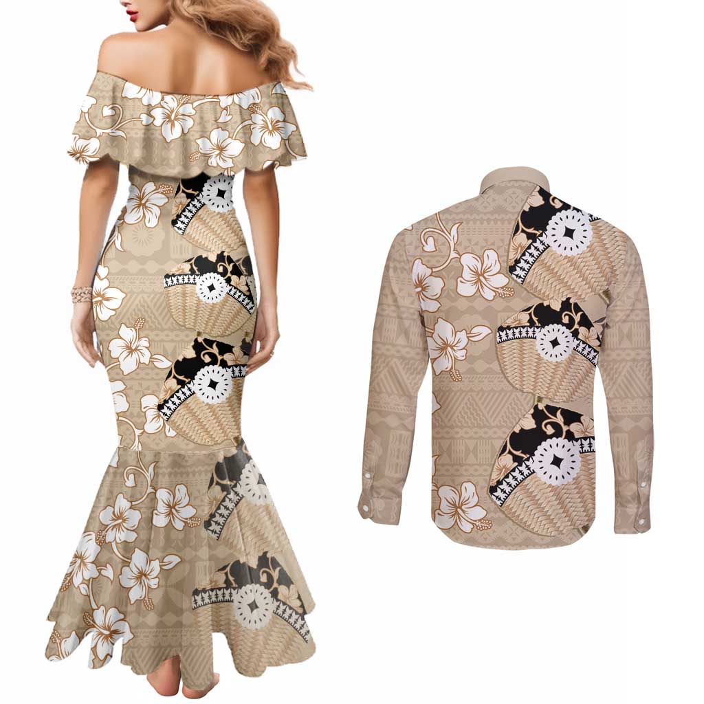 Bula Fiji Iri Buli Couples Matching Mermaid Dress and Long Sleeve Button Shirt Woven Fan With Fijian Tapa