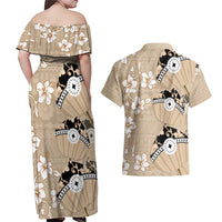 Bula Fiji Iri Buli Couples Matching Off Shoulder Maxi Dress and Hawaiian Shirt Woven Fan With Fijian Tapa