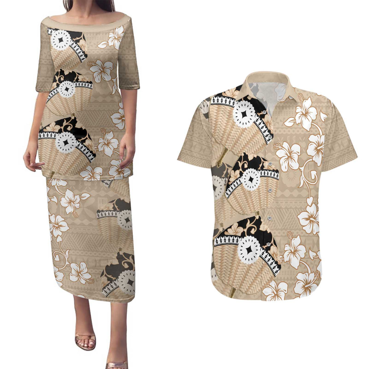 Bula Fiji Iri Buli Couples Matching Puletasi and Hawaiian Shirt Woven Fan With Fijian Tapa