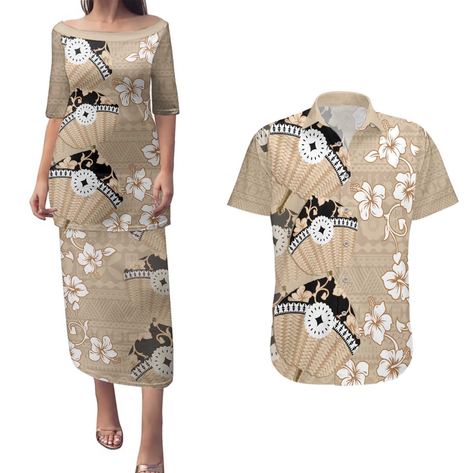 Bula Fiji Iri Buli Couples Matching Puletasi and Hawaiian Shirt Woven Fan With Fijian Tapa